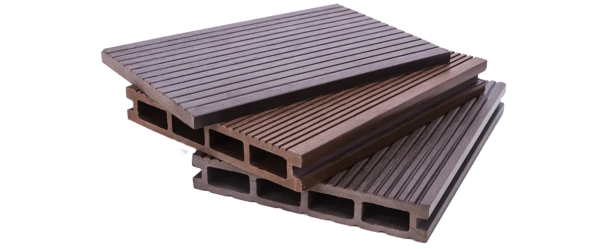 Three pieces of composite decking boards on top of each other