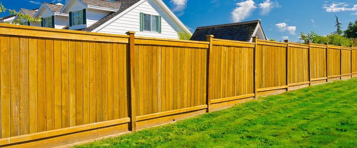 A composite privacy fence with a patch of grass