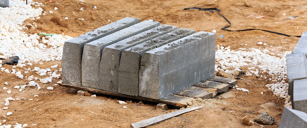 Multiple concrete bricks stacked together on a piece of wood on dirt