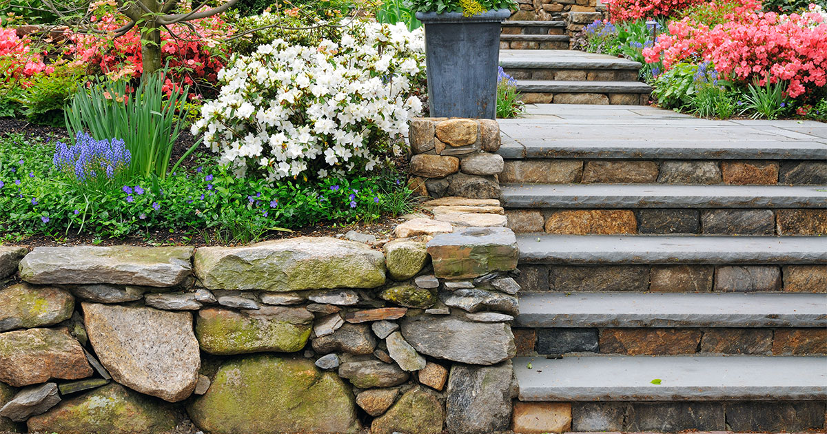 Retaining stone wall with flowers and stairs