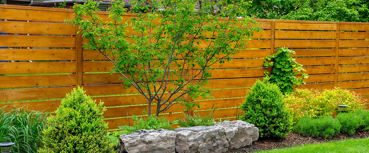 A wooden fence with horizontal boards and a tree growing near it