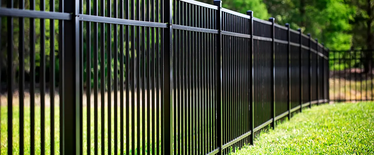 A black metal fence on a patch of grass in a backyard