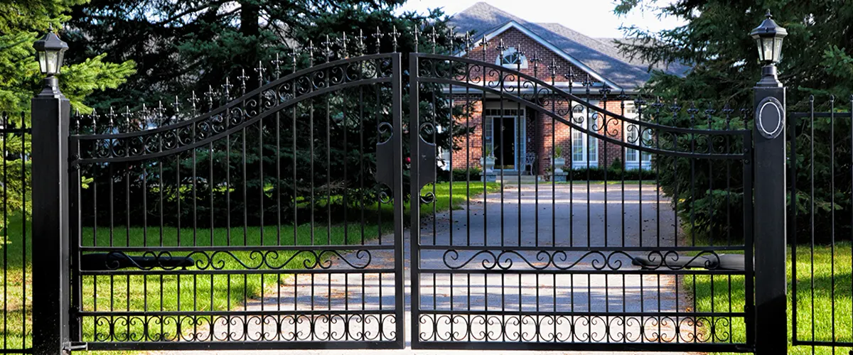 A metal gate and a driveway with a home at the end