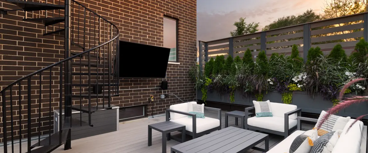 tv on brick wall and patio