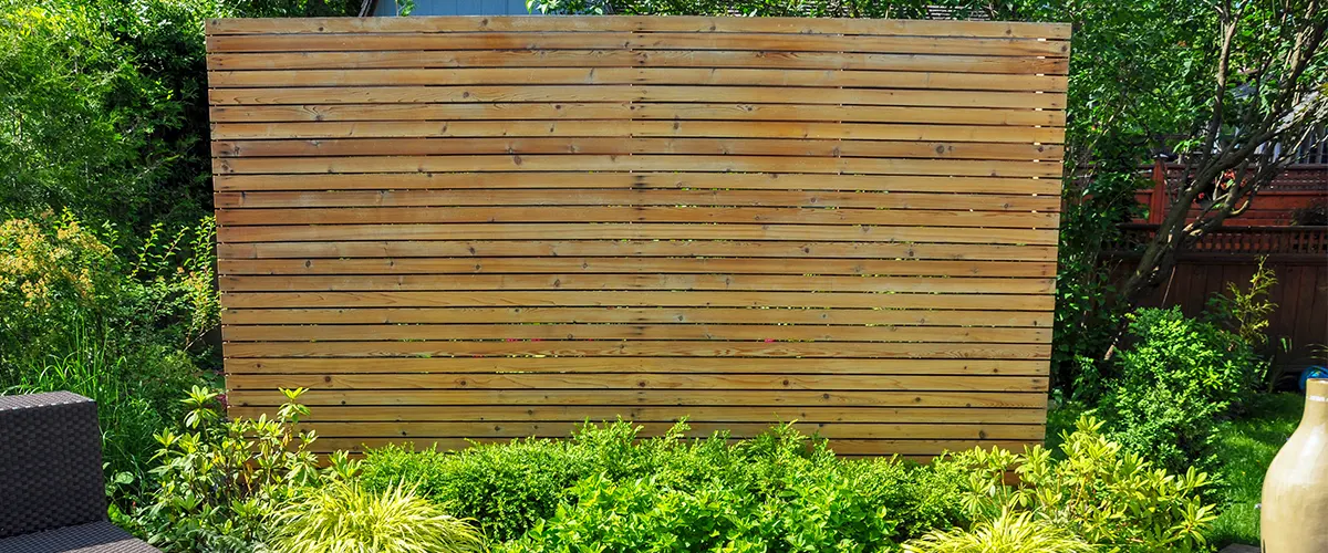 Teak fence in a small garden with plants