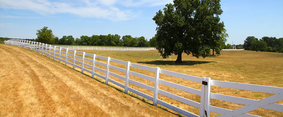 A white split rail fence with dried grass