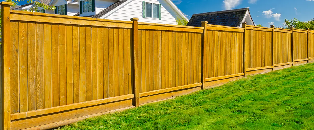 A wooden privacy fence on a patch of grass