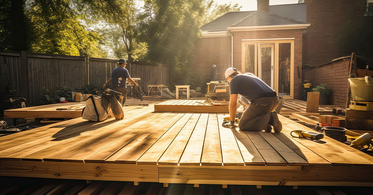 Builders focused on constructing a wooden deck for a residential property, a transformative project that expands the living space.